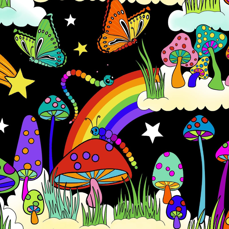 Stunning cotton jersey fabric with mushrooms, butterflies, caterpillars and rainbows