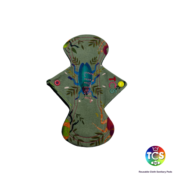 A bright vibrant cotton jersey print on an hourglass cloth sanitary pad