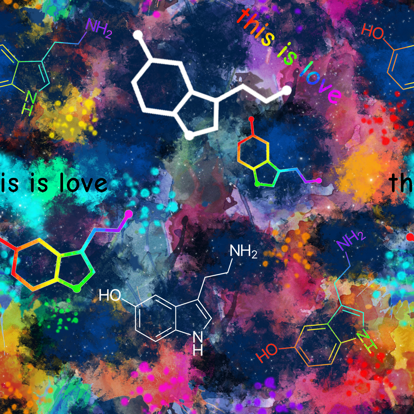 A bright multicoloured background with chemical symbols for oxytocin/ serotonin.  A perfect top fabric for TCS-eco Cloth Sanitary Pads (CSP).