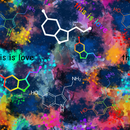 A bright multicoloured background with chemical symbols for oxytocin/ serotonin.  A perfect top fabric for TCS-eco Cloth Sanitary Pads (CSP).